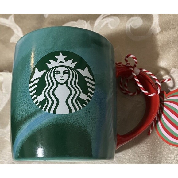 Starbucks Christmas Green Marbled Coffee Mug 12 Oz Red Handle Holiday Season - Picture 3 of 7
